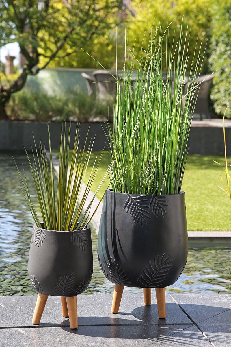 2er Set Pflanzgefäße Palmera Fiberglas in Anthrazit mit Blattmotiv