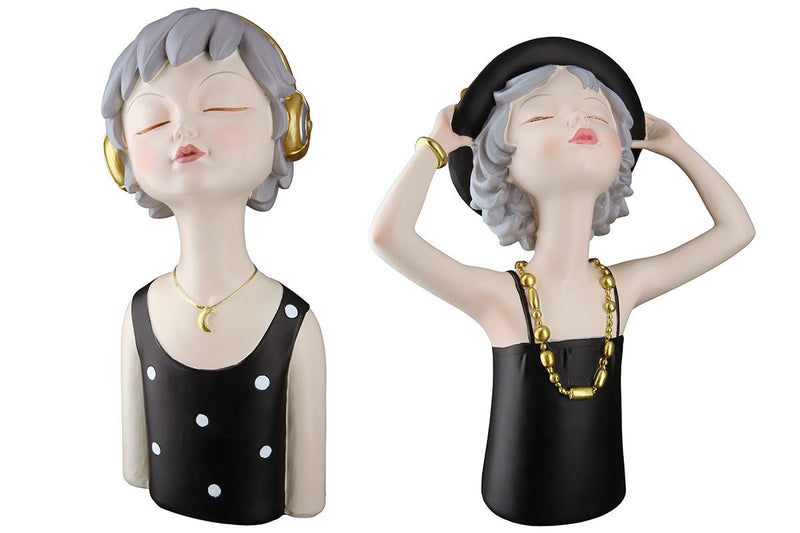 2er Set Figur Lady mit Hut Kopfhörer Ella - Stilvolle Darstellung in Schwarz/Grau/Goldfarben