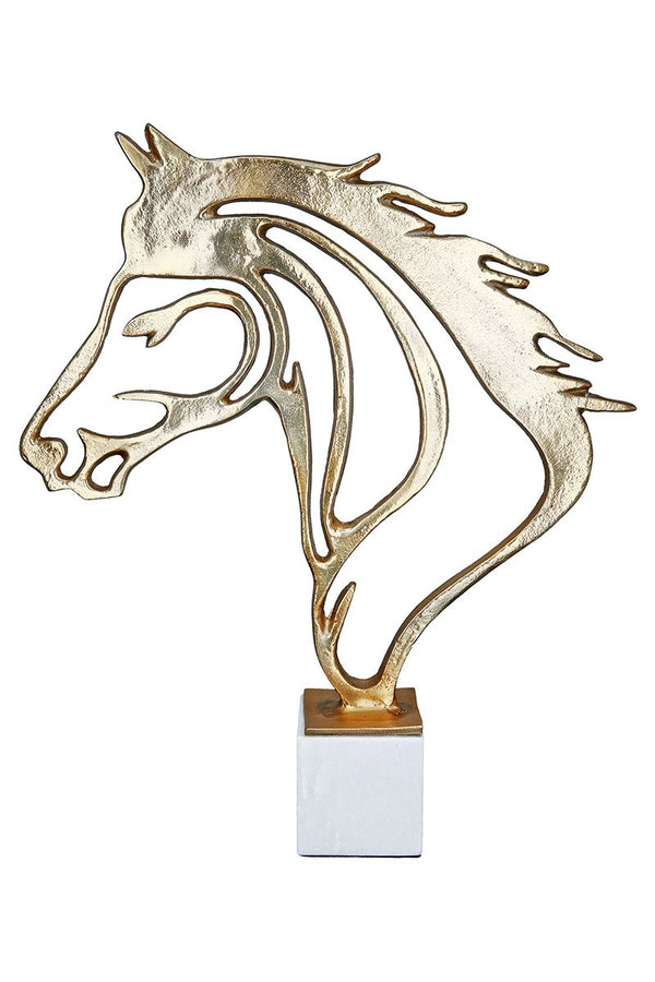 Gold-coloured horse sculpture made of aluminium on a marble base