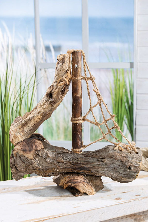 Handmade set of 3 decorative boats with jute sails, wood, 32 cm high