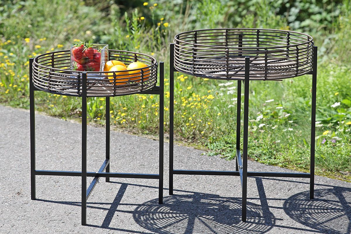 Set van 2 ronde bijzettafels 'Rotin' - metaal &amp; polyrotan, bruin