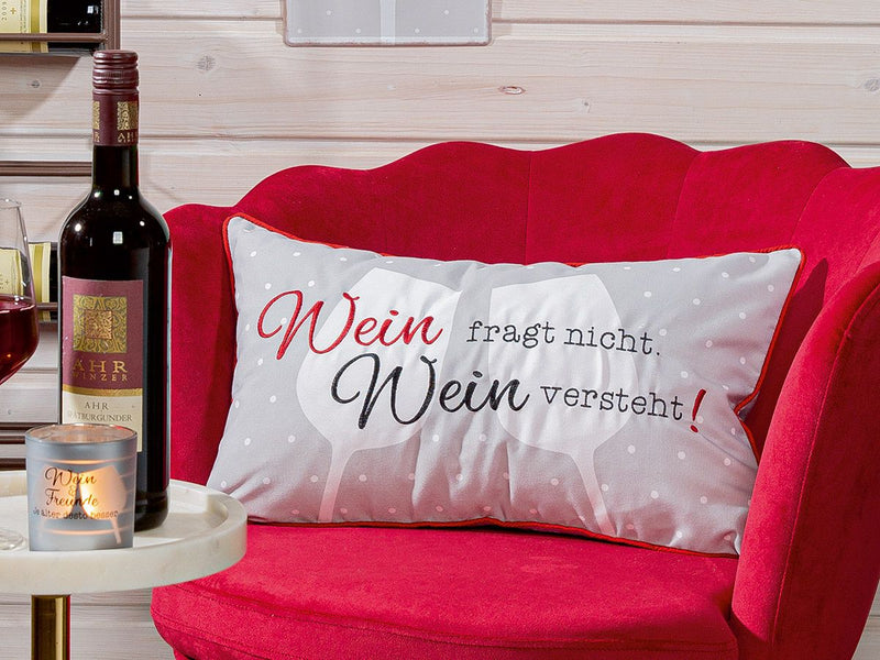 Wijnfestival sierkussen Wijn vraagt ​​niet, wijn begrijpt 30x50 cm, wit met rood