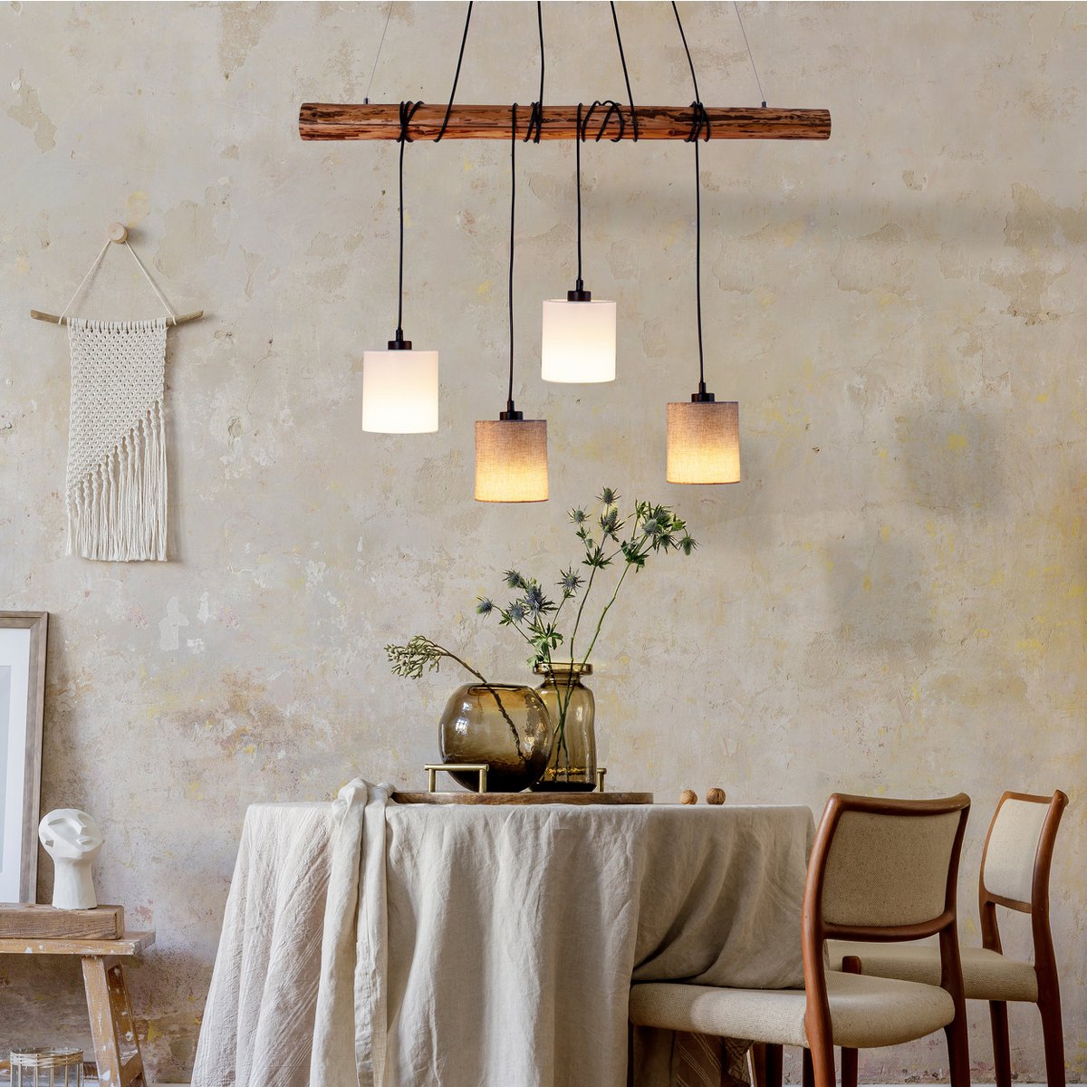 Set of 4 "MALTA" pendant lights made of metal and wood, with textile shades in grey and white, E27 socket, lighting for the living room, office, or bedside table