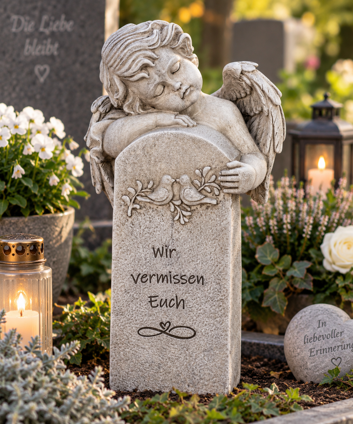 Grabengel Erinnerungslicht mit Spruch Wir vermissen Euch 36 cm