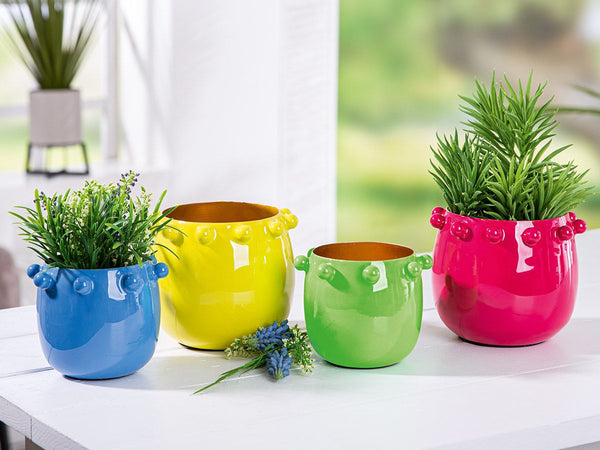 4er Set Metall Pflanzgefäß 'Rio' - Neonfarbene Pflanzenbehälter mit Gold-Interieur, Ø12 cm