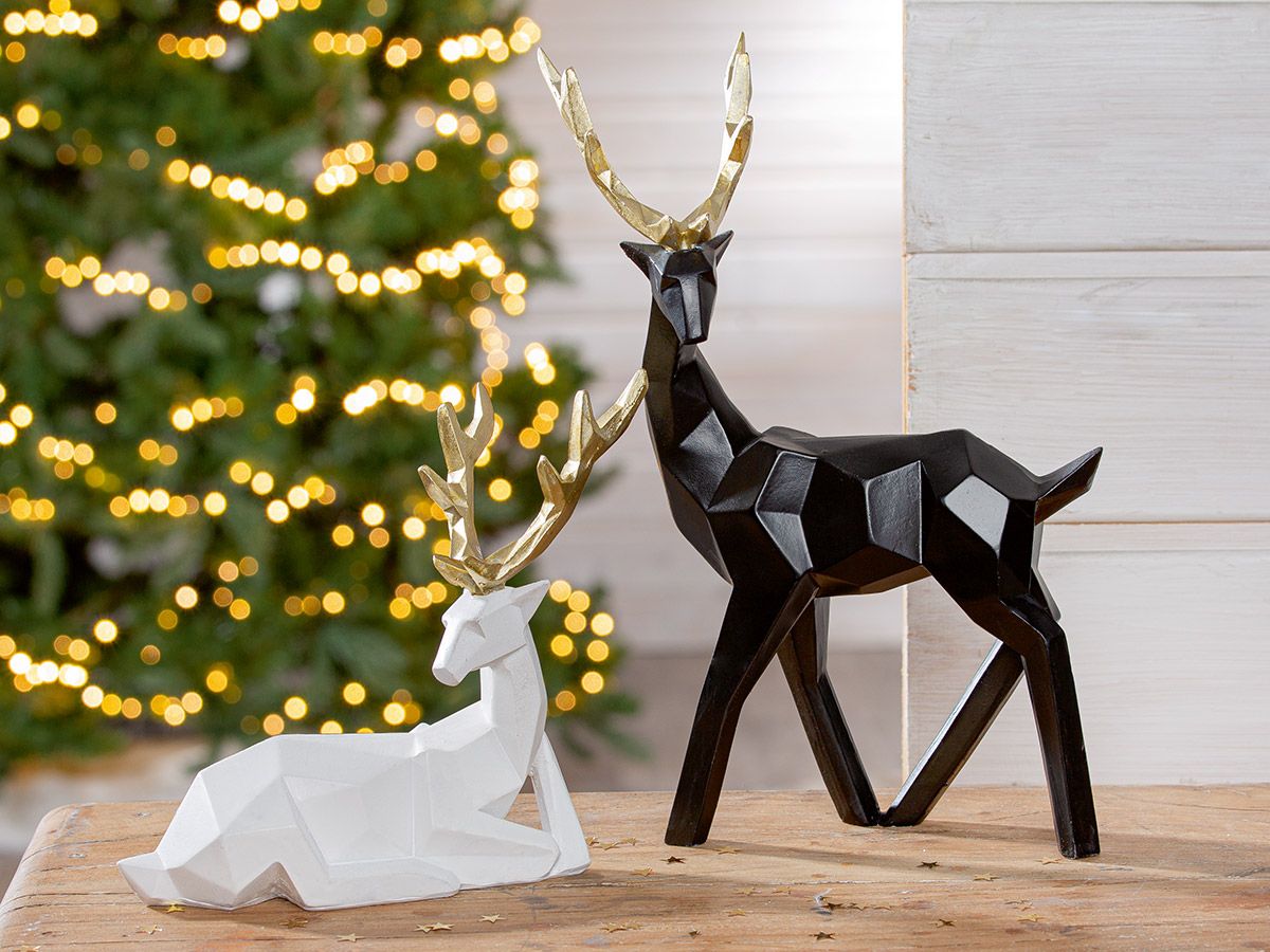 Set van 2 hertenfiguren "Haimo" gemaakt van witte hars met gouden gewei - modern handwerk