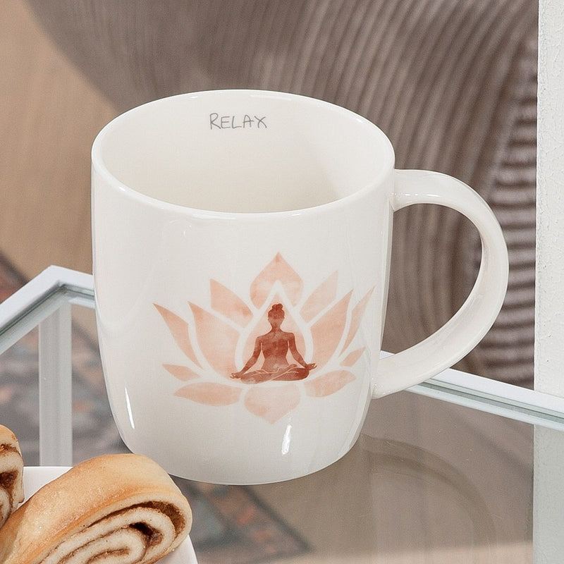 6er Set Tassen Namaste mit Lotusmotiv – Porzellan in Weiß und Rot