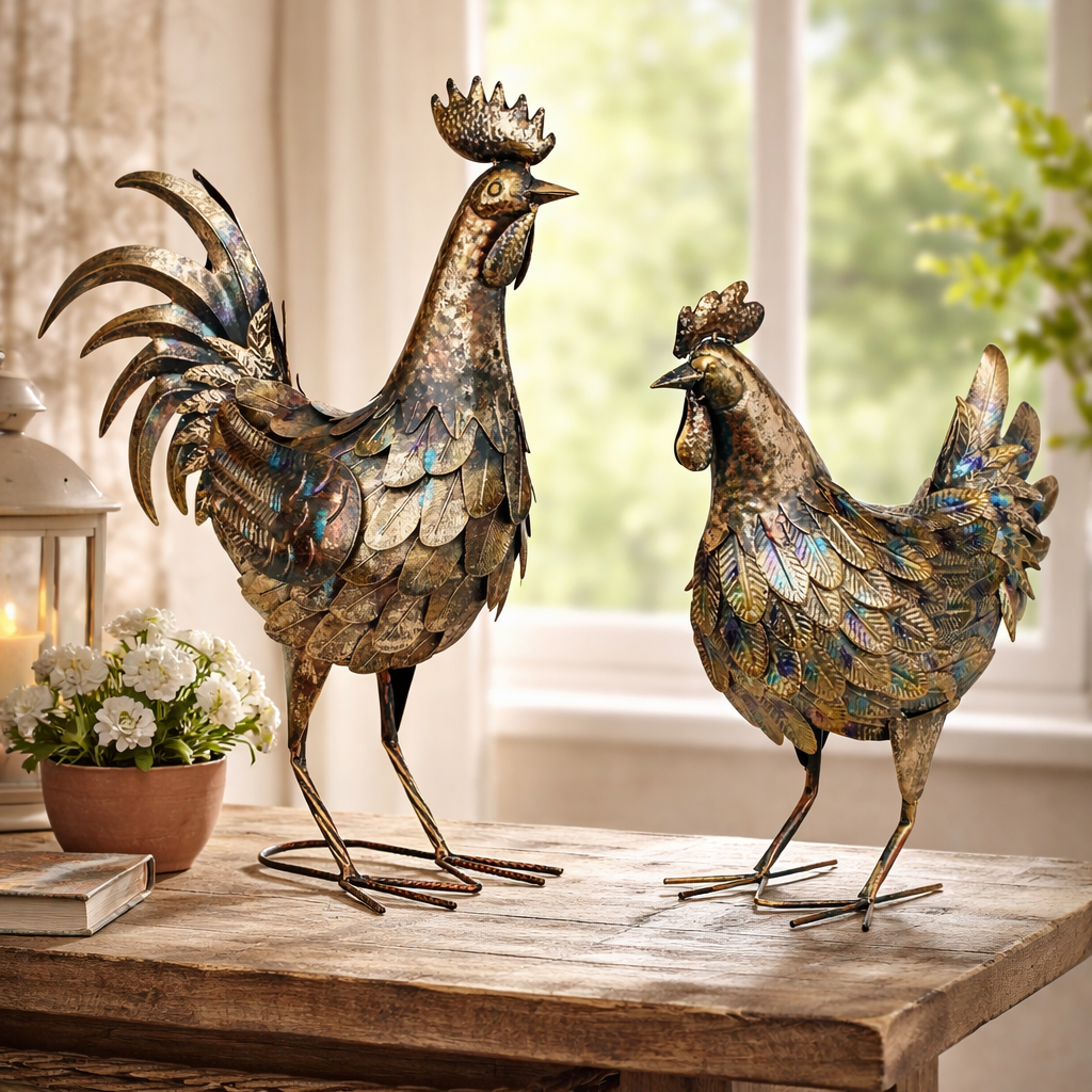 Metall Hahn Henne Bauernhofstil blau gold Gartendeko 2er Set