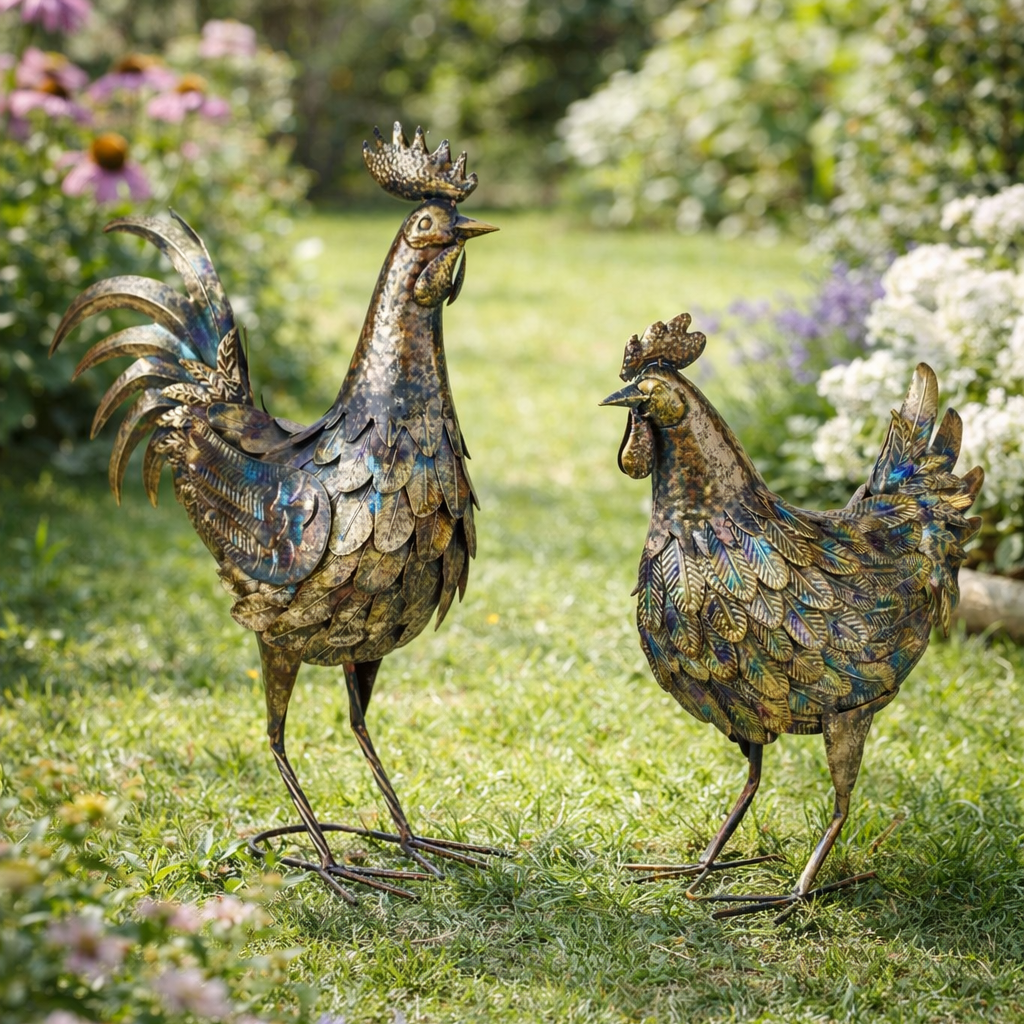 Metall Hahn Henne Bauernhofstil blau gold Gartendeko 2er Set