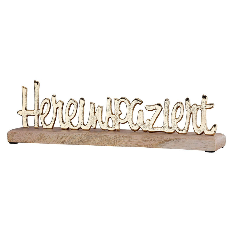 Belettering Gemaakt van aluminium op een goudkleurige mangohouten basis