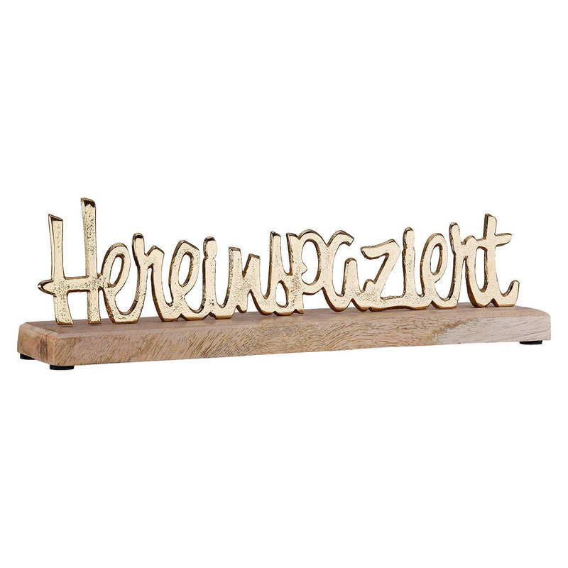 Belettering Gemaakt van aluminium op een goudkleurige mangohouten basis