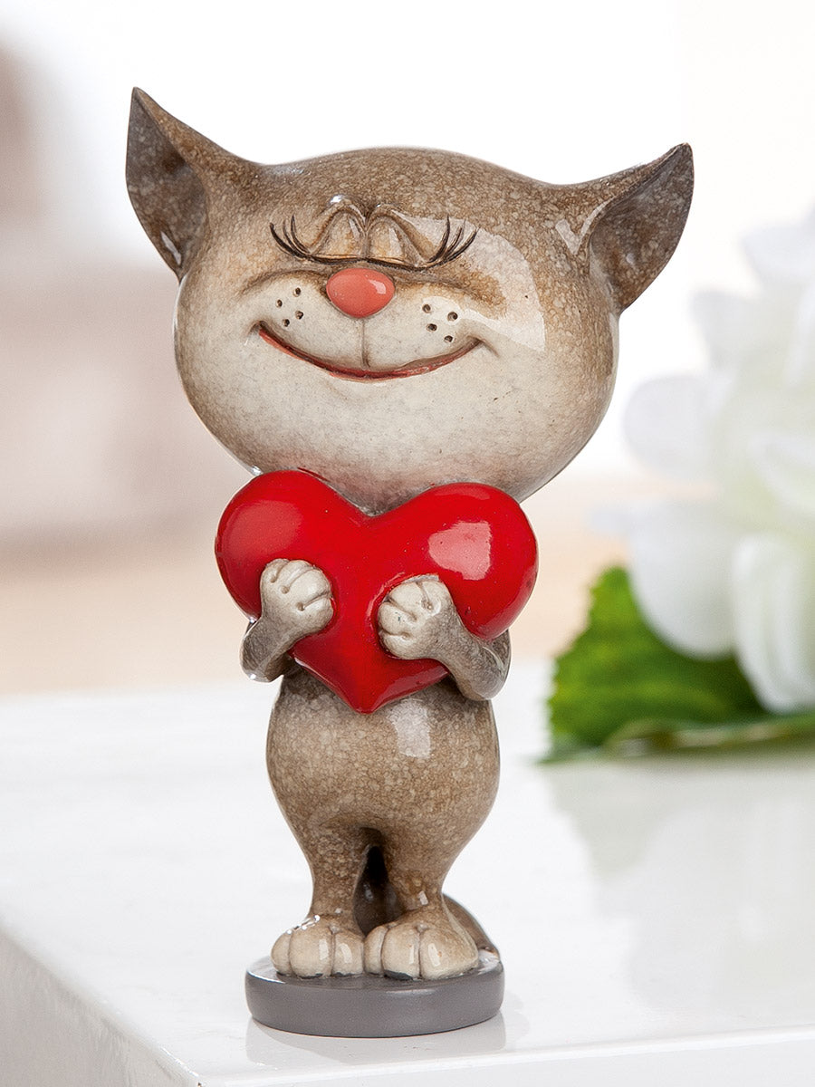 Dekofigur LoveKitty Katze Herz Grau Rot Poly 13cm