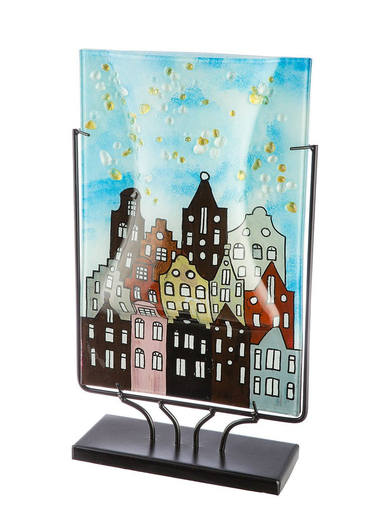Glazen vaas stadslichten rechthoekig met huismotief 45 cm