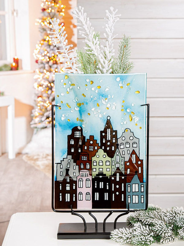 Glazen vaas stadslichten rechthoekig met huismotief 45 cm