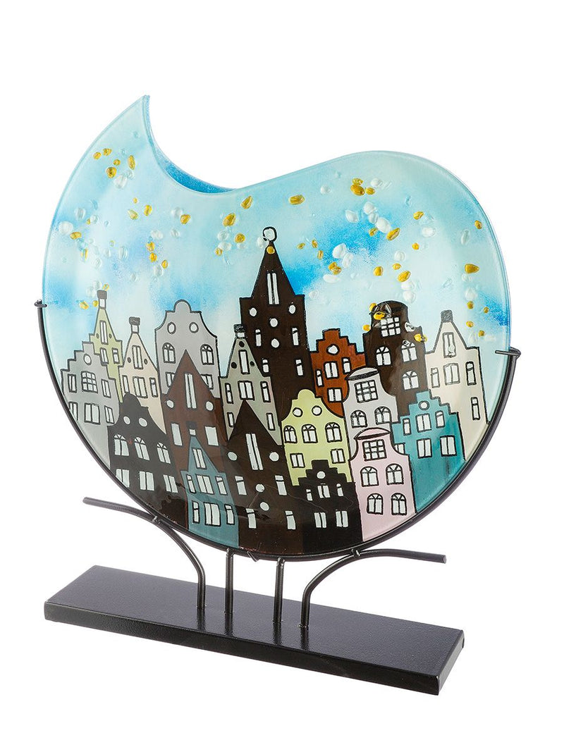Round glass vase city lights with house motif 51 cm