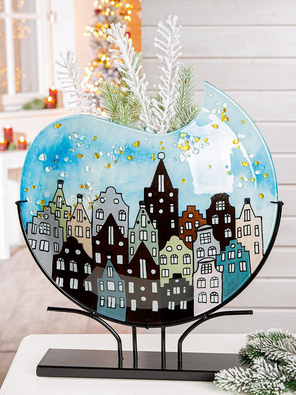 Ronde glazen vaas stadslichten met huismotief 51 cm