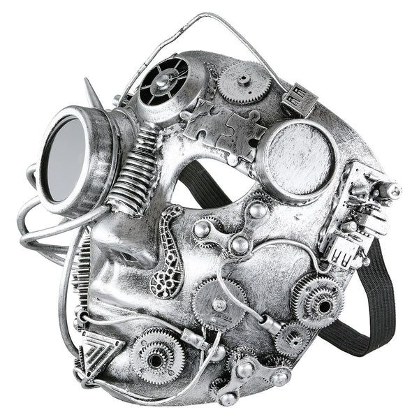 Steampunk Maske Silberfarben mit Zahnrädern und Gummiband