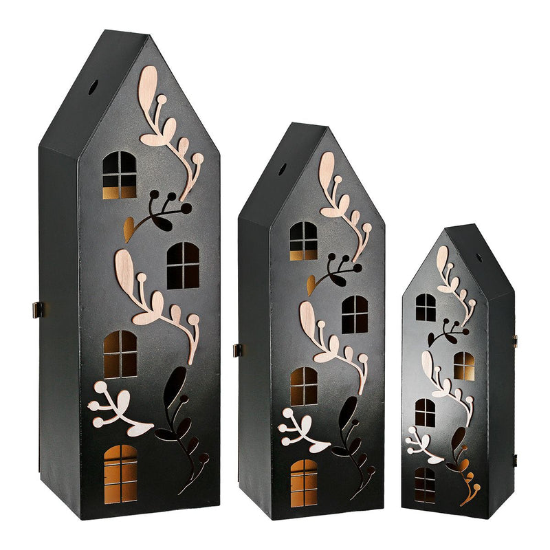 3-piece lantern set houses with tendril motif – metal and wood in black