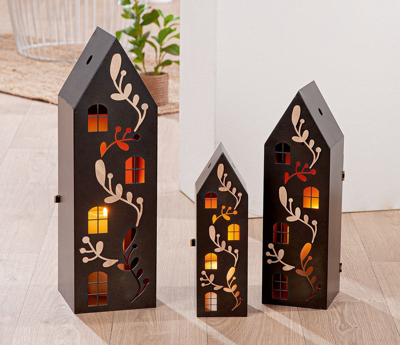 3-piece lantern set houses with tendril motif – metal and wood in black
