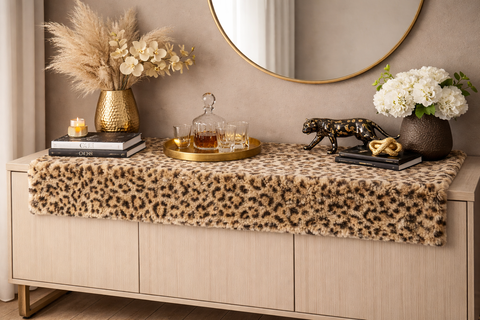 Savanna table runner, leopard print, 140x40cm, plush look