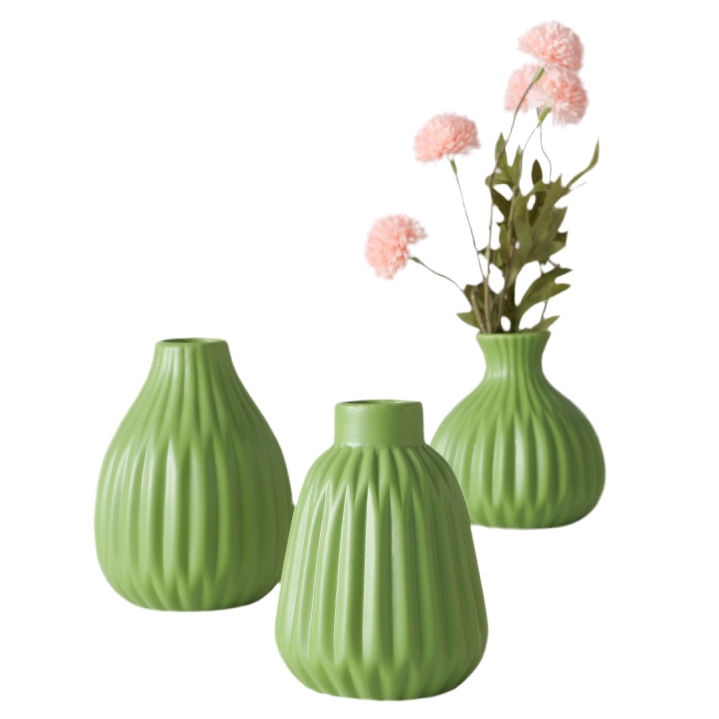 Vase Esko – 3er Set in frischem Grün Keramik Matt Geriffelt