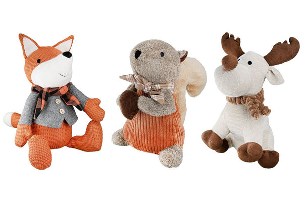 Set van 3 deurstoppers bosdierentrio eekhoorn, eland en vos in natuurlijke kleuren en oranje