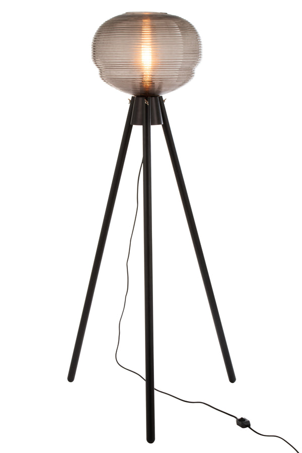 Handgefertigte Stehlampe Teri aus Holz mit Dreibein-Gestell in Schwarz und Lampenschirm aus Grau-Glas