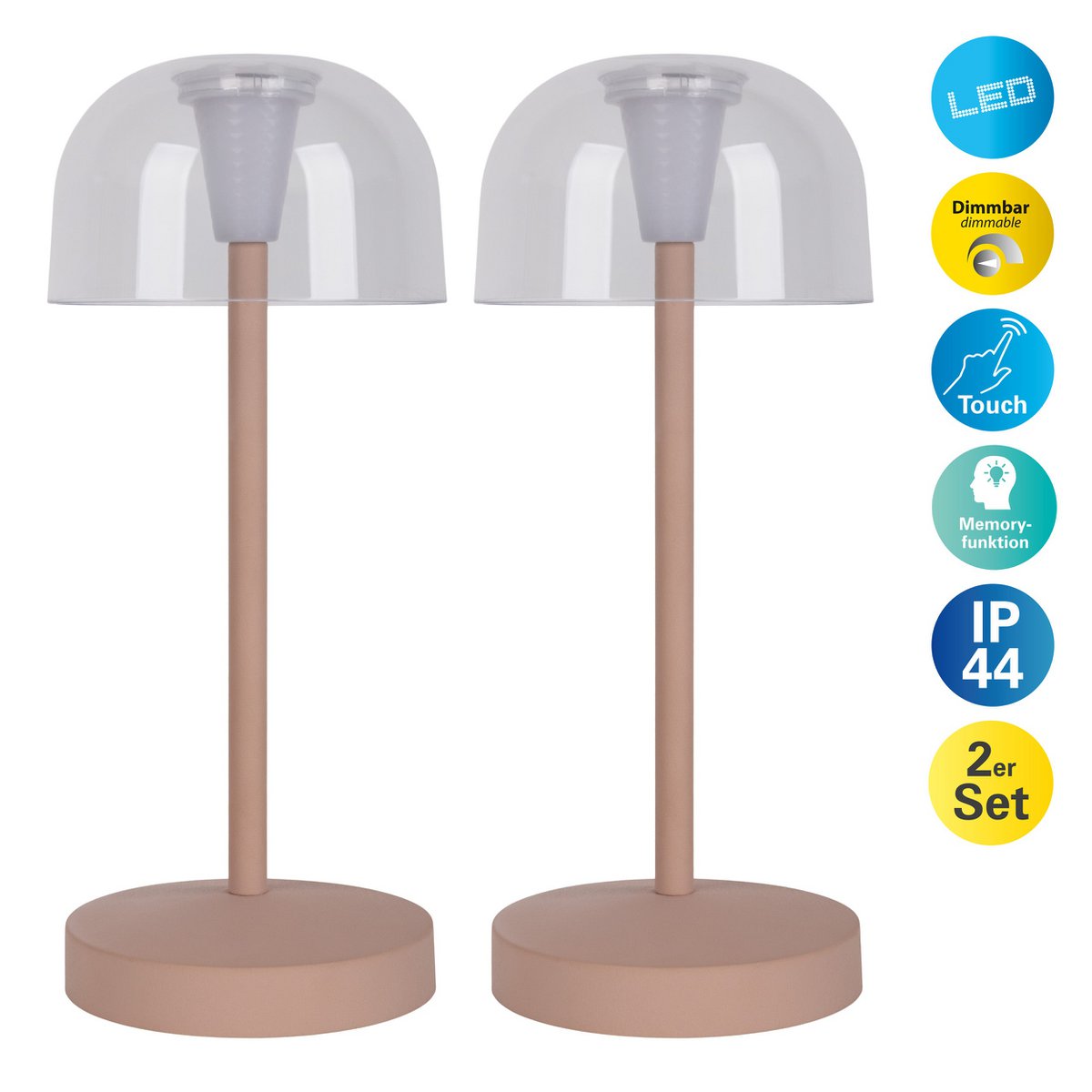 2-er Set LED-Akku-Tischleuchte "Gomba" für Außen und Innen, aus Metall und Kunststoff in Frosted Almond , 18,5 cm hoch