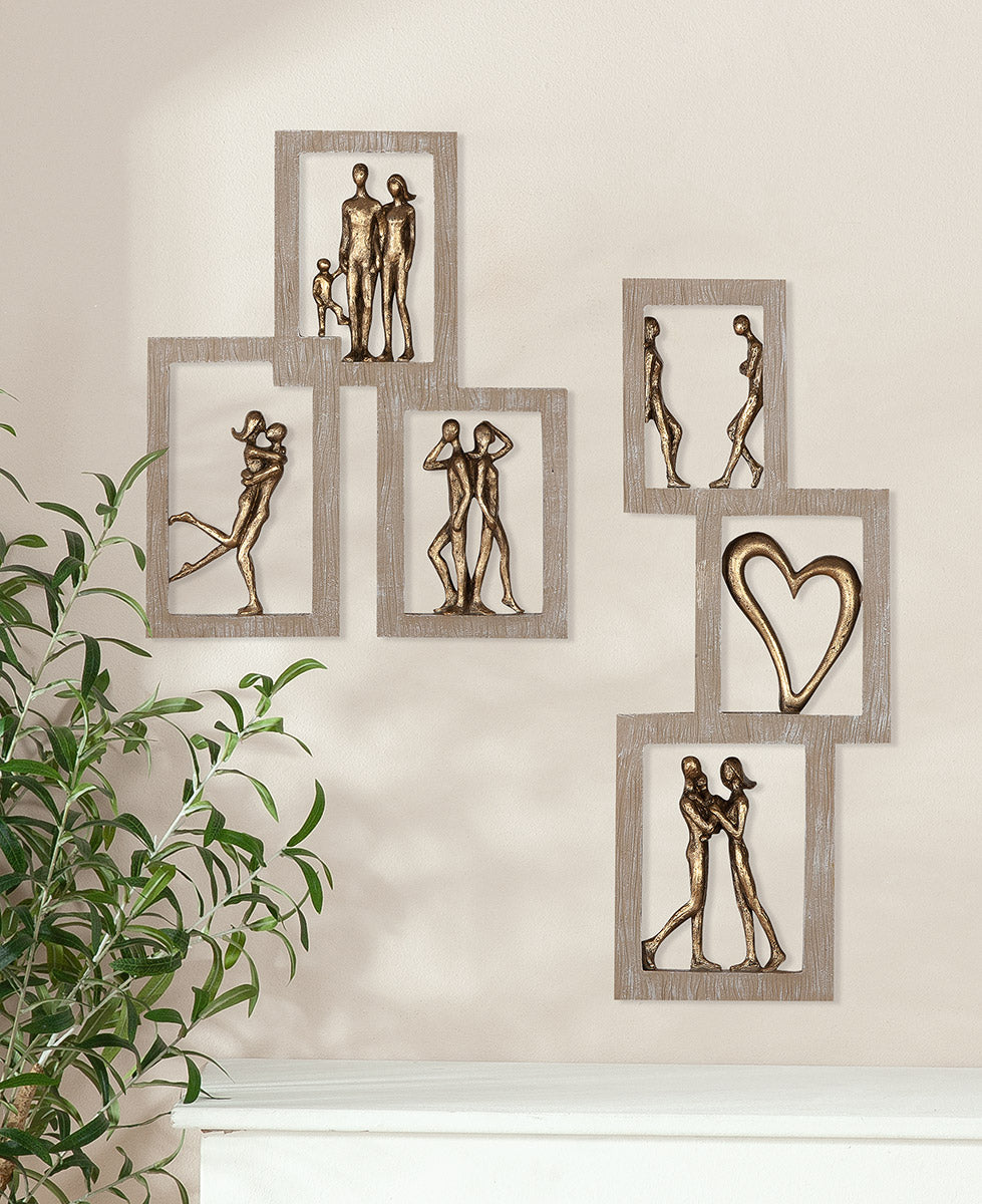 Wanddeko Zuneigung aus Kunstharz Natur Gold – 2er Set Wandobjekte Herz und Paar