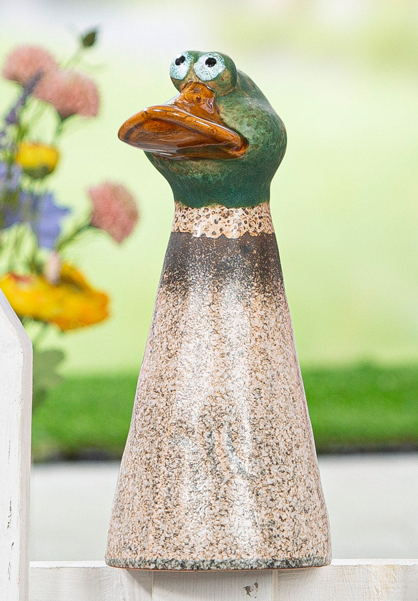 Zaunfigur Ente Marvello aus Keramik matt in grün und hellbraun 23 cm