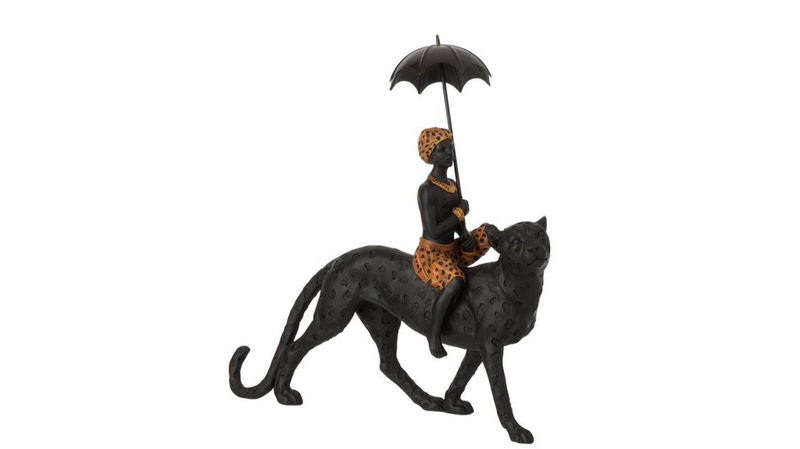Decorative sculpture 'Leopard with cub and umbrella' in black and brown – 35 cm high