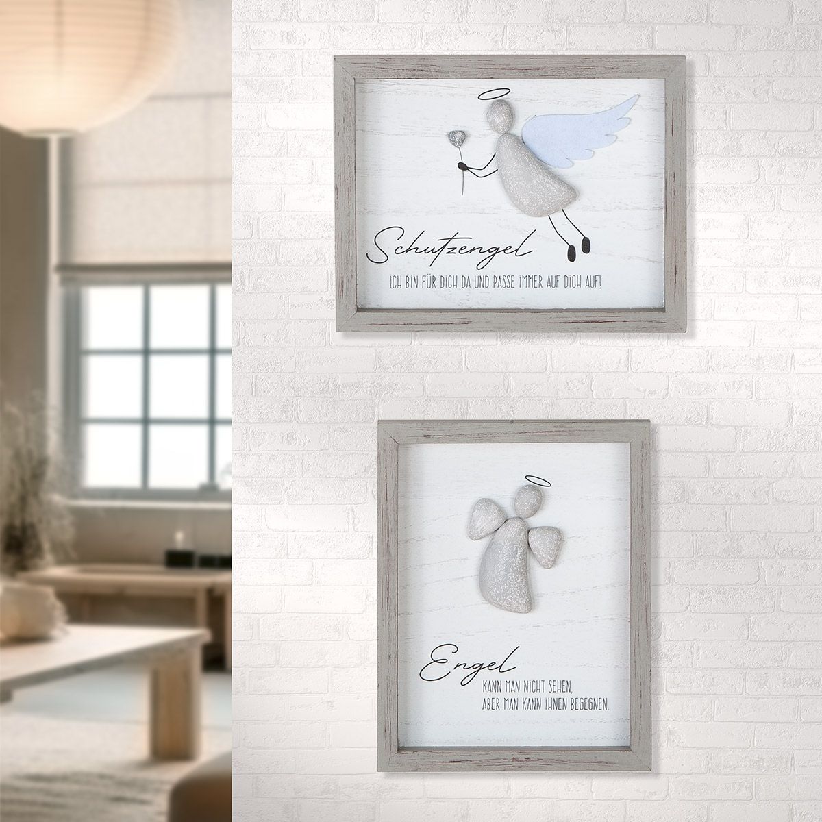 Engelgruß Wandbild Grau 3D Optik 2er Set Schutzengel Spruchbild Steinbild