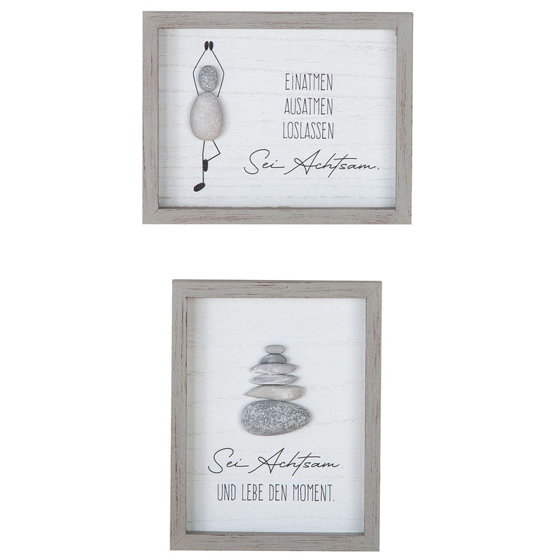 Stone picture set at home wall picture with saying and 3D heart motif 46x33 cm set of 2