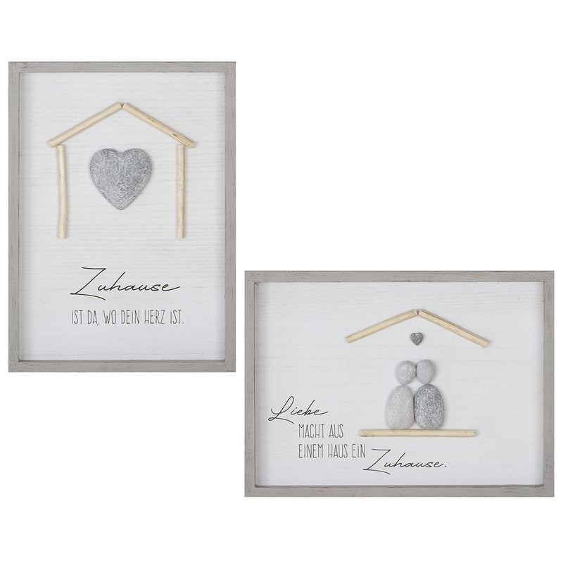 Stone picture set at home wall picture with saying and 3D heart motif 46x33 cm set of 2