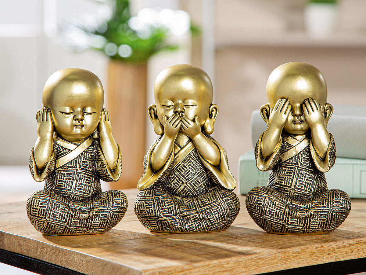 Buddha Figuren Set Monk 3er Set Gold Schwarz Kunstharz Deko