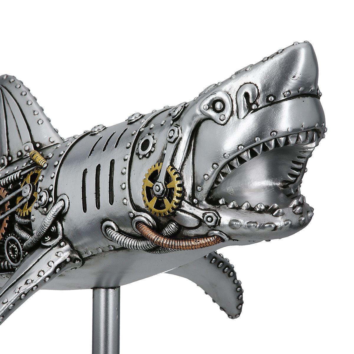 Steampunk Dekofigur Hai Kunstharz Silber Zahnradoptik