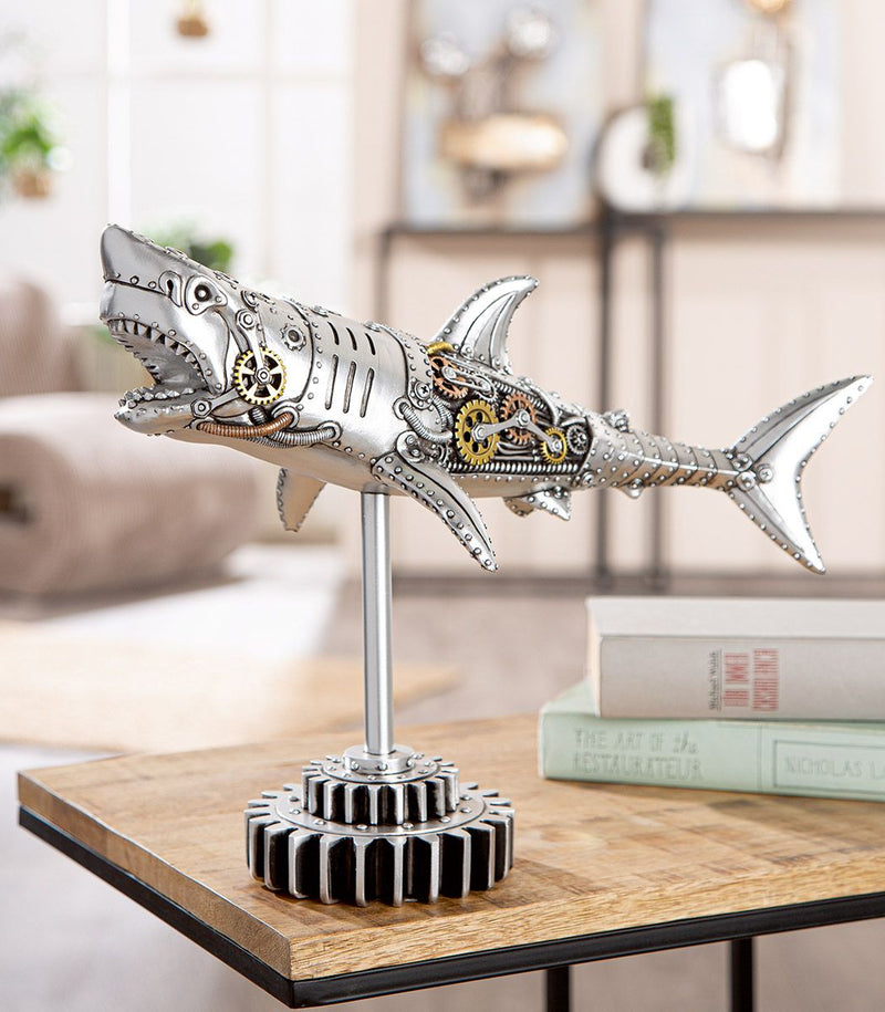 Steampunk Dekofigur Hai Kunstharz Silber Zahnradoptik
