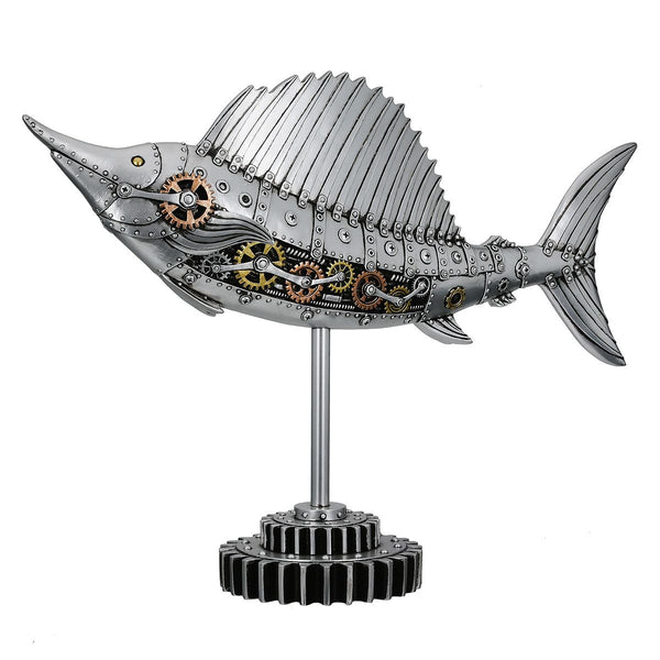 Steampunk Dekofigur Schwertfisch Kunstharz Silber Zahnradoptik