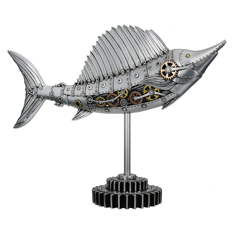 Steampunk Dekofigur Schwertfisch Kunstharz Silber Zahnradoptik