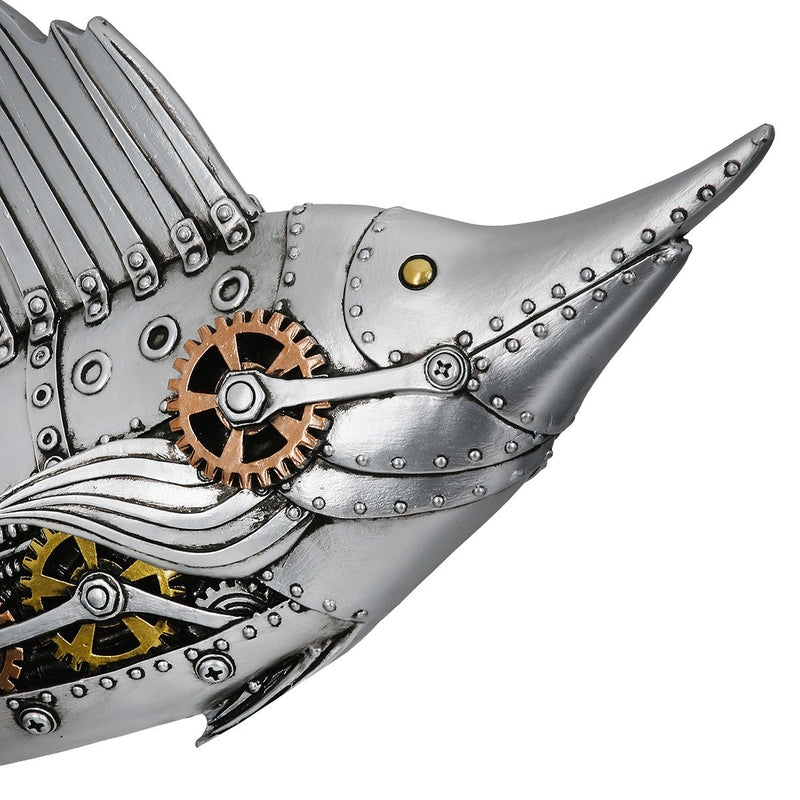 Steampunk Dekofigur Schwertfisch Kunstharz Silber Zahnradoptik