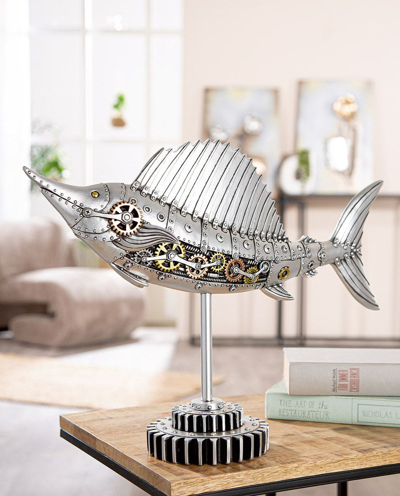 Steampunk Dekofigur Schwertfisch Kunstharz Silber Zahnradoptik