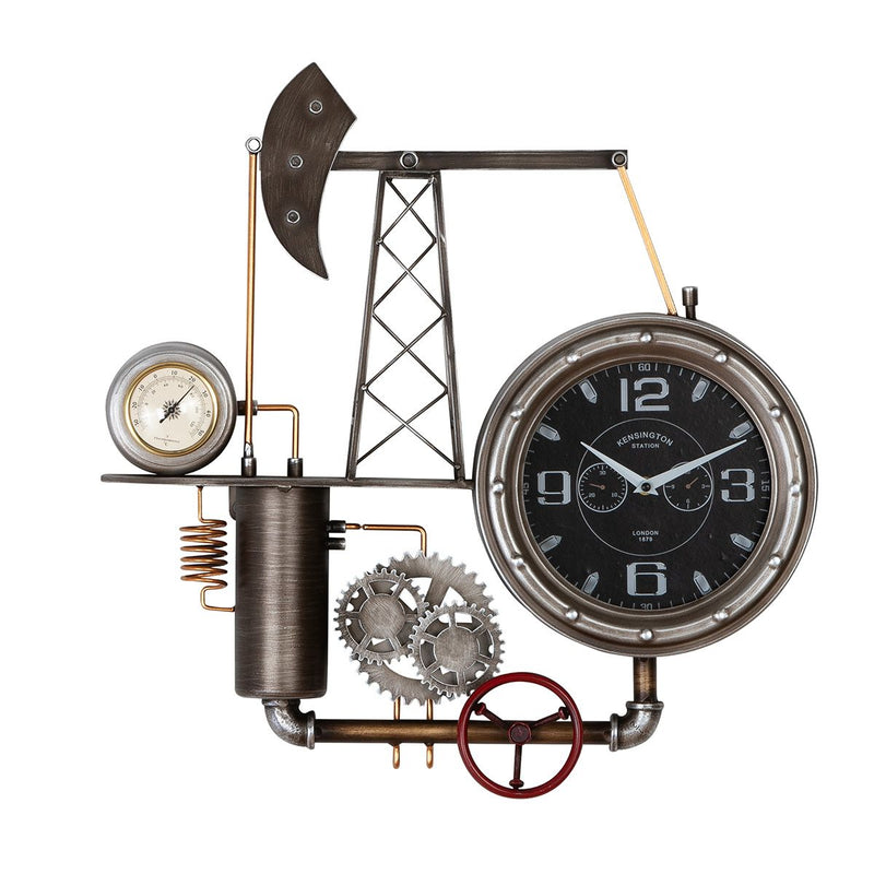 Wanduhr Ölförderturm Metall Silber mit Thermometer Zahnradoptik