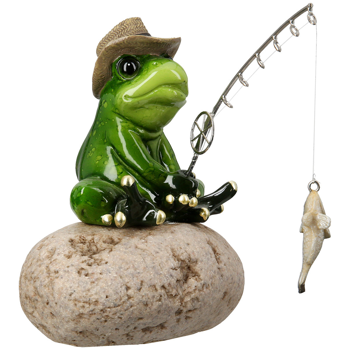 Frosch Freddy Dekofigur Angler aus Kunstharz gruen