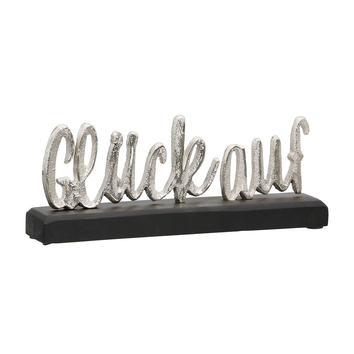 Decorative lettering Glück auf – silver on black mango wood