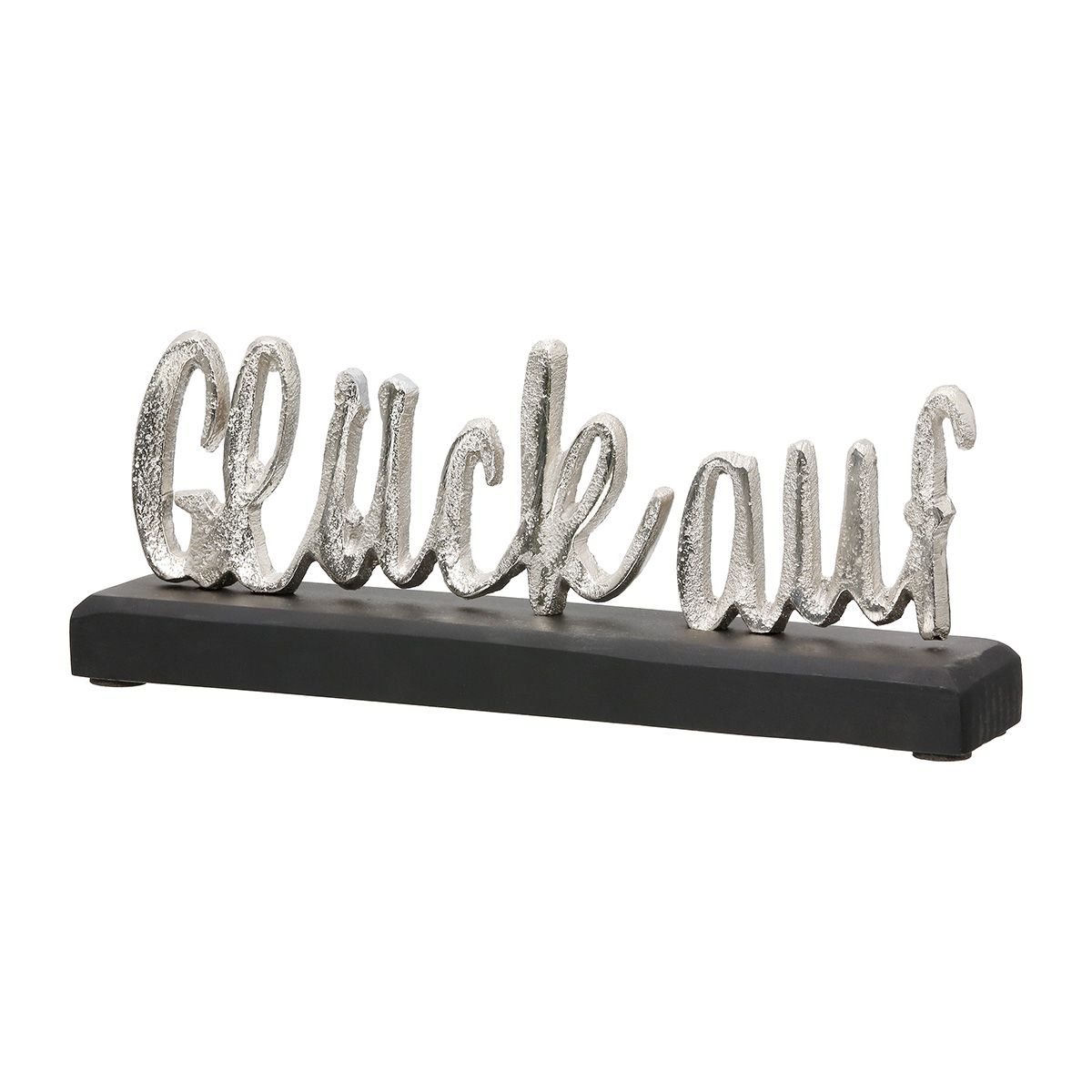 Decorative lettering Glück auf – silver on black mango wood