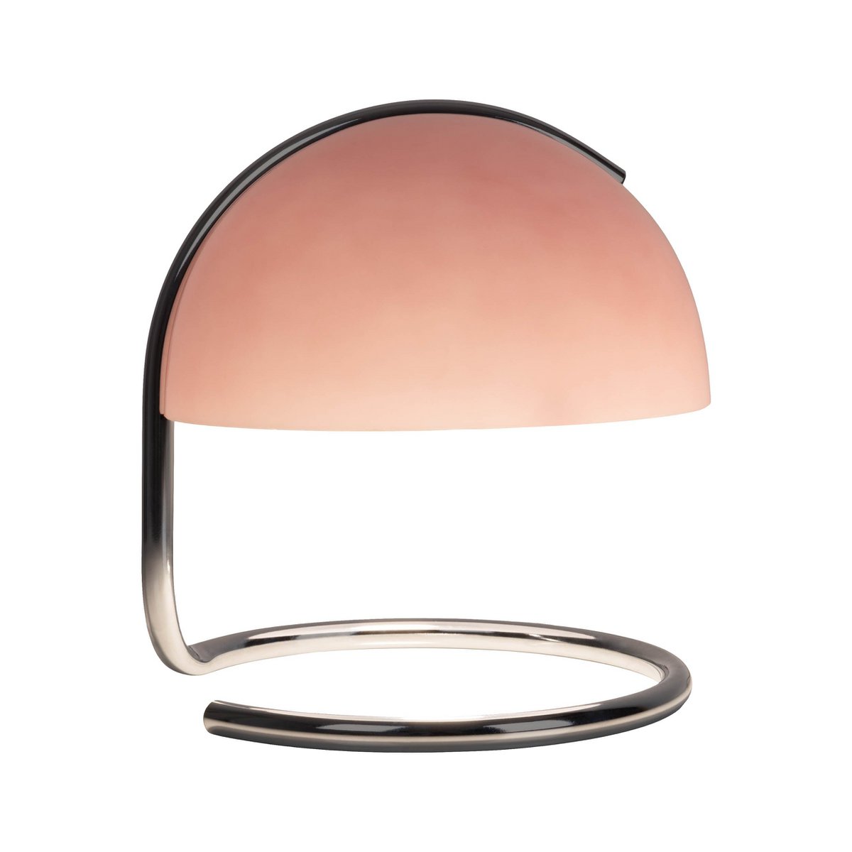 Tischleuchte "BURANO" rosa, ca. 25 cm hoch, Ø 23,5 cm, aus chromfarbenem Metall und rosanem Glas, E27.