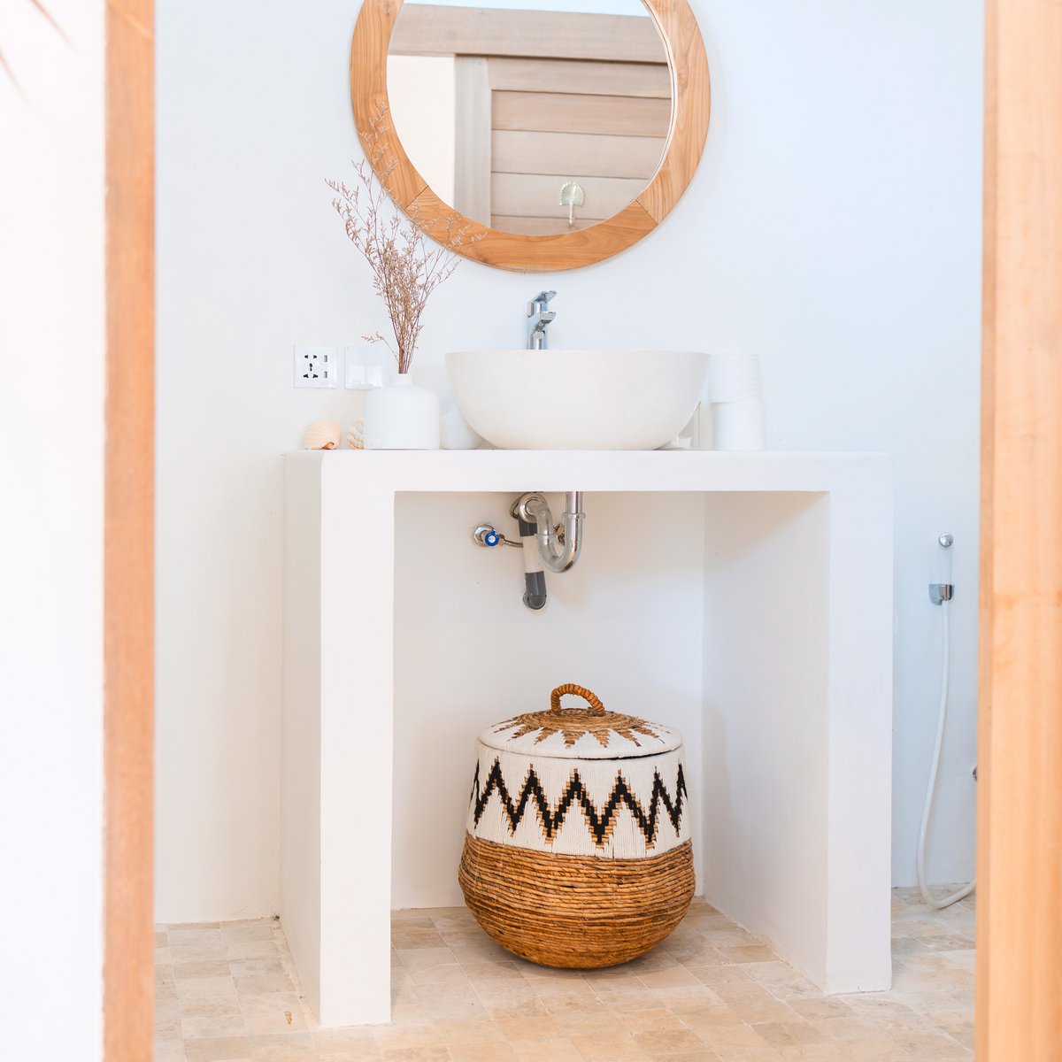 Wäschekorb mit Deckel – Boho-Wäschekorb rund – großer Boho-Korb – geflochtener Korb mit Baumwollmuster PALEM (3 Größen Ø33/43/55 cm)