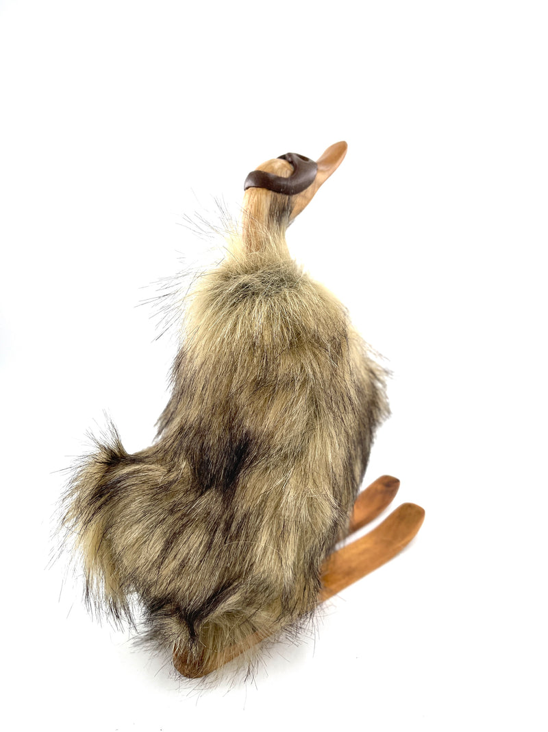 Decorative duck on skis made of wood and fur, brown 39cm
