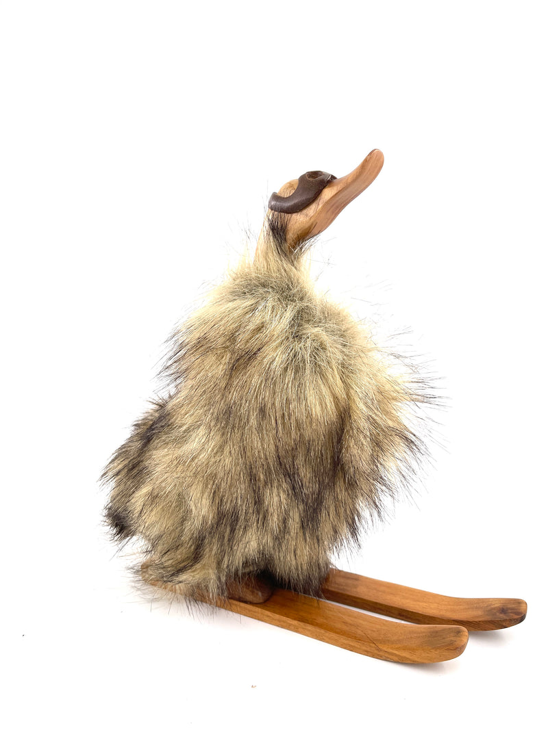 Decorative duck on skis made of wood and fur, brown 39cm