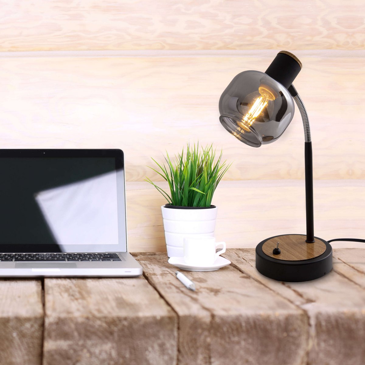 Tischleuchte "FUMOSO", Tischlampe aus Metall und Glas in Schwarz,, mit E14-Fassung, für Esszimmer, Wohnzimmer, Diele oder Büro, Tischlampe 34 cm hoch